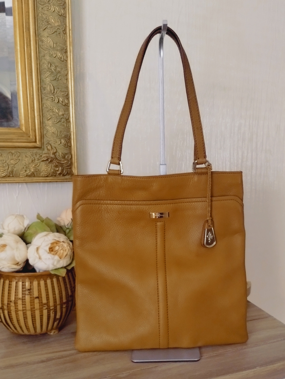 Cole Haan Tan Genuine Leather Tote with Orange Interior